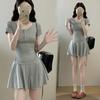 Летнее серое облегающее мини-платье с коротким рукавом и шортами, женское, с завышенной талией, плиссированное, эластичное, А-силуэта, короткая юбка, платья для молодых девушек