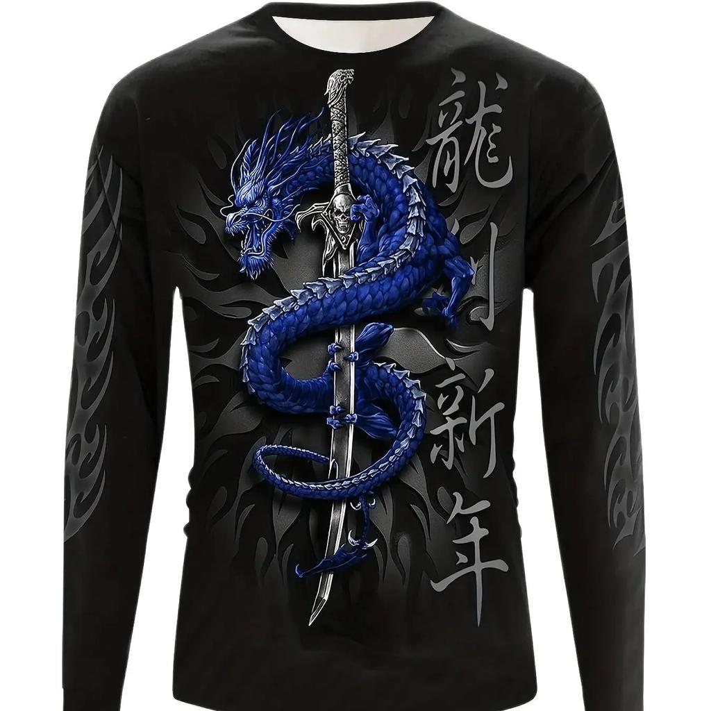 Мужская футболка с круглым вырезом и длинными рукавами Red Dragon & Sword, весна-осень