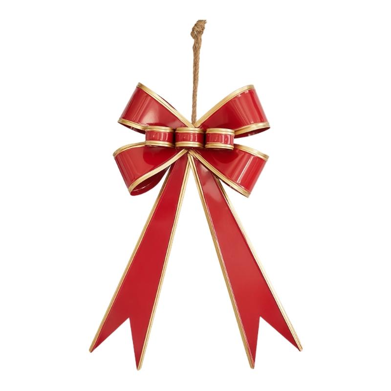 Metal Christmas Bowknot Ornament with Decorative Edging, Notched Bowknot Ends, and Integrated Cord for Party Backrops and Mantels Displays