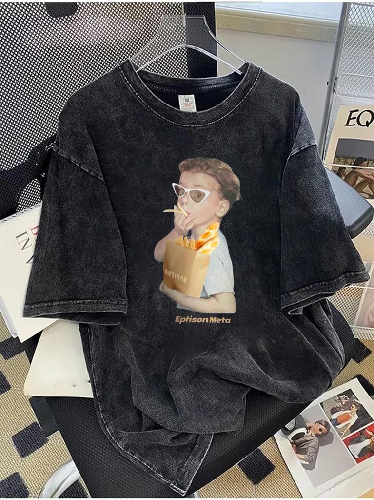Oversized Cotton Shortsleeved TShirt Praying Child Illustration Graphic Tee Soft Vintage Feel Loose Fit Top for Men Women