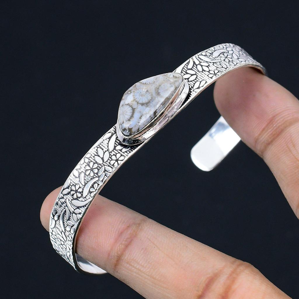 Сделка ко Дню сестер Стерлинговое серебро Ископаемый коралл Драгоценный камень Помолвочный браслет Ювелирное изделие