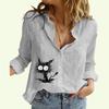 Women Lapel Neck Fashion Buttoned Shirt Spring&summer Thin Cotton Linen Top Casual Cat Print Blouse