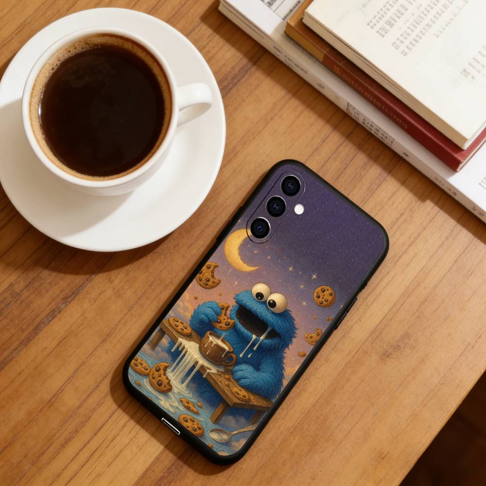 Cute Cartoon C-Cookie Monster Phone Case For Samsung Galaxy A73,A72,A71,A70,A53,A52,A51,Soft Silicone Black Cover
