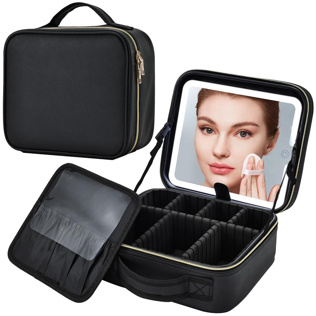 Portable Makeup Bag with Lighted Mirrors Travel Cosmetic Case Organizer with 3 Color Lights Mirror Dividers Brush Cases Holder