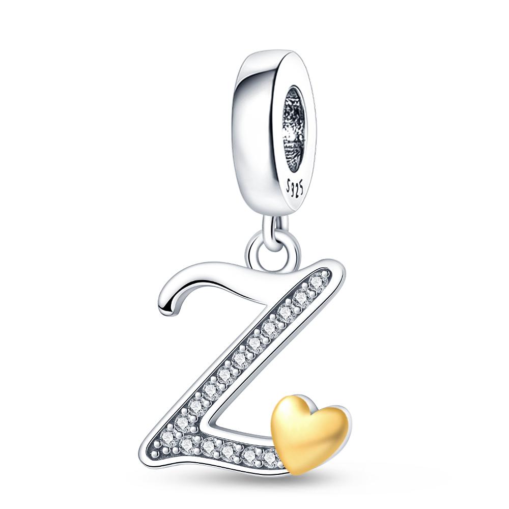 Fit 3mm 925 Bracelets 925 Silver Color 26 Gold Heart Zircon Letter Charms Beads DIY Creative Birthday Jewelry Gifts