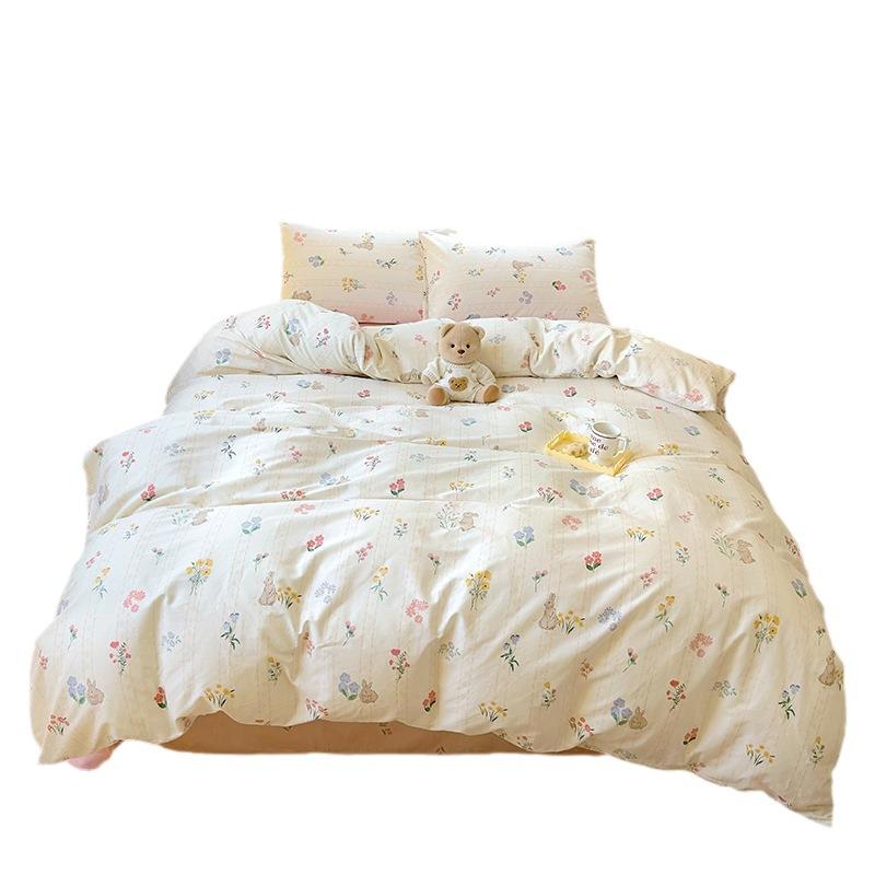 Ins Simple Style Pure Cotton Bed Four-piece Set, Cotton Quilt Cover, Bed Sheet, Small Floral Three-piece Set