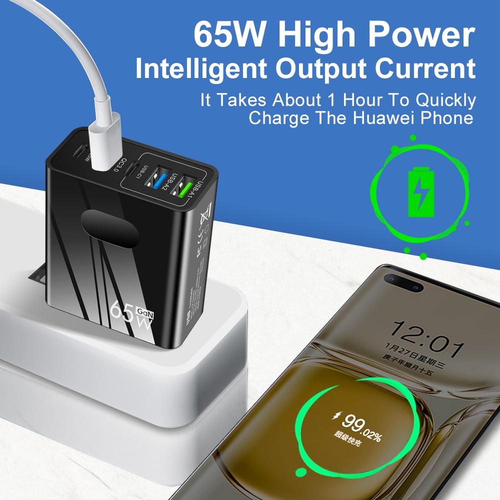 5 портов GaN USB зарядное устройство Quick Charge 3.0 65 Вт Быстрая зарядка телефонов Адаптеры питания для iPhone Samsung Xiaomi PD Type C настенное зарядное устройство