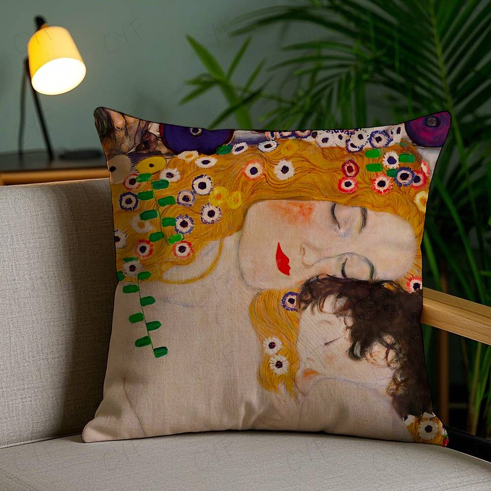 Gustav Klimt Oil Painting Pillow Case Safe Custom Photo Pillow, Anti-fade Brushed Fleece Cushion, Maternal & Infant Safe.