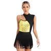 Womens Sleeveless Latin Dance Leotard Shiny Sequins Contrast Color Fringed Bodysuit for Dance Party Stage Performance