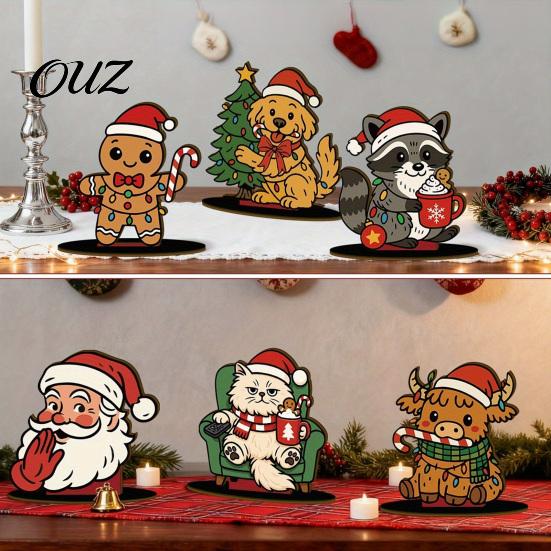 Festive Desktop Figurines 6Pcs Christmas Wooden Tabletop Ornaments, Stable Base Cartoon Animal/Santa Claus/Gingerbread Indoor Seasonal Ornaments