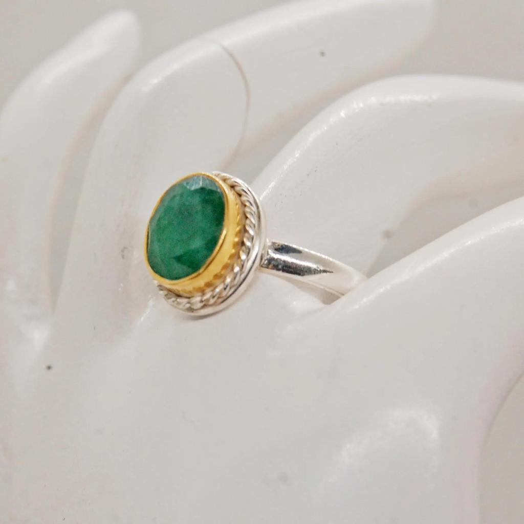 Genuine Rich Green Emerald Gems 925 Sterling Silver Yellow Gold Two Tone Ring Jewelry, Handmade Emerald Ring Jewelry