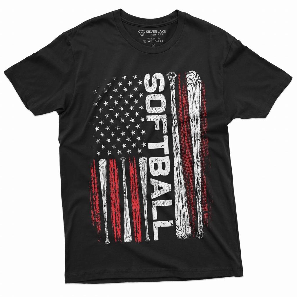 Softball Tshirt American Sports USA Flag Tee Shirt Softball Bats US Flag Tee