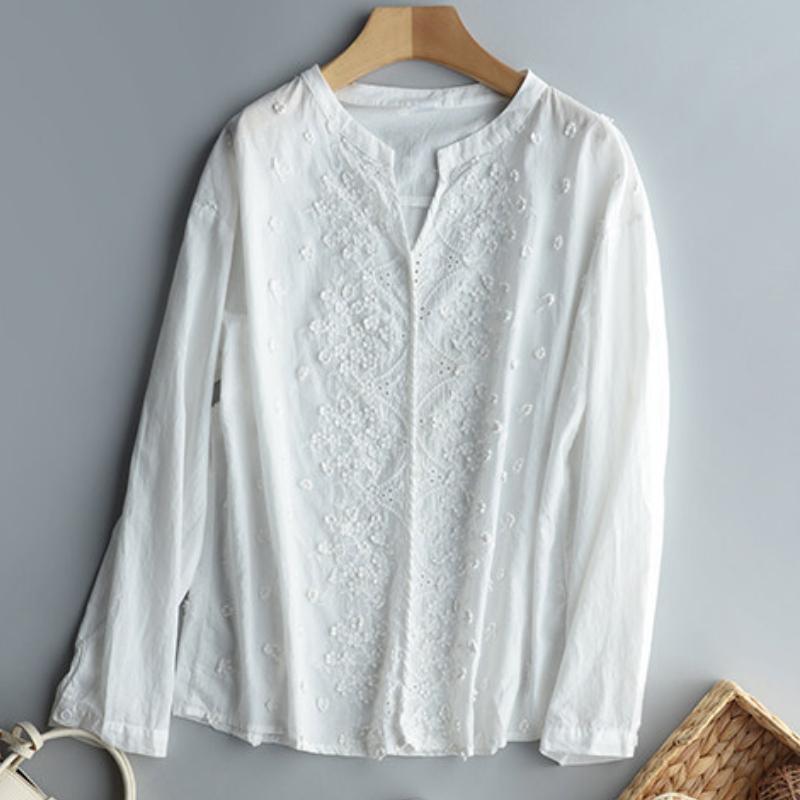 Spring Autumn White Blouse Women's V-neck 3d Embroidery Jacquard Lace Bubble Long Sleeves Basic Shirt