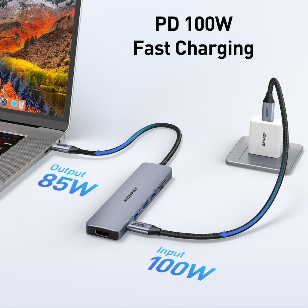 BENFEI USB C Hub Multiport Hub Adapter with to HDMI Card 3 USB PD 100W Charging Power Thunderbolt Compatible with iPhone 15 MacBook iPad and More