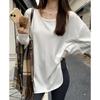 French Irregular Slit Mid-length Brushed Long-sleeved Loose T-shirt for Women In Autumn Lazy and Pure Lust Top