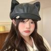 1pc PU Leather Cute Cat Ear Berets For Women Solid Color Casual Newsboy Cap Personalized Peaked Cap