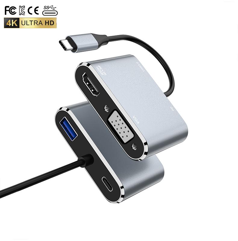 4In1 USB C Type C to 4 Ports 4K HDMI USB 3.0 VGA USB PD65W Aluminum Alloy HUB Docking to Computer Transfer Data Adapter hdmi Hub