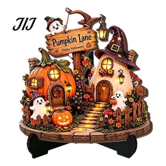 Black Cat Tabletop Signs Halloween Wooden Sign, Pumpkin Ghost Haunted House Decor Plaque Sturdy Standing Table with Stand, Spooky Farmhouse