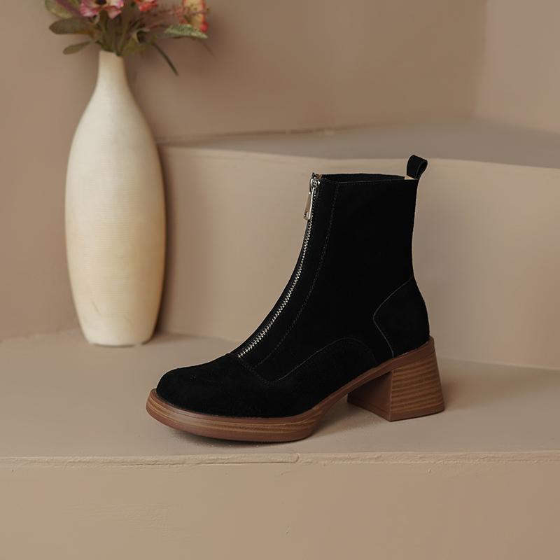 Осенне-зимние женские ботильоны на молнии, офисные женские лаконичные туфли на толстом каблуке с острым носком, женские короткие сапоги из коровьей замши