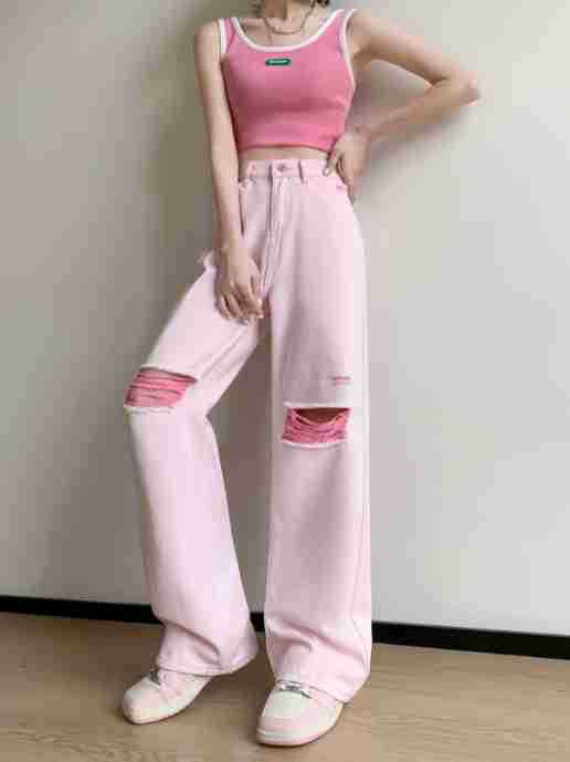 Light pink high waist wide leg jeans women's spring and autumn new loose drape tall straight mopping pants
