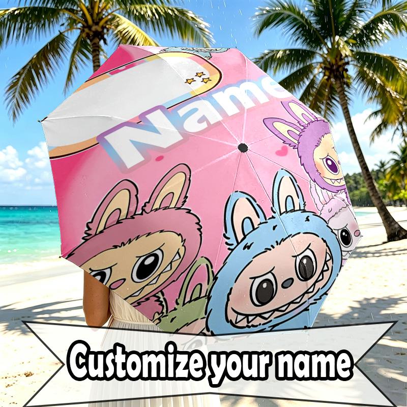 Custom Name Personalized Labubu Print Umbrella, Auto Open Close, 8‑Rib Sturdy Frame, Commute Camping Hiking Use, Birthday Gift