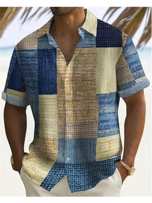 Мужская рубашка с коротким рукавом и пуговицами, цветными блоками, 3D-принтом, большой размер 5XL, высококачественный гавайский пляжный топ