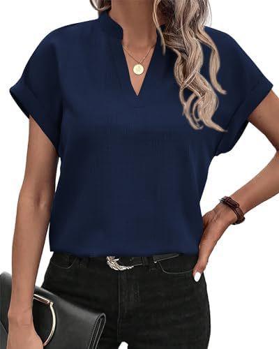 Women's V Neck Blouse Short Sleeve Linen Shirt Loose Fit Casual Summer Top