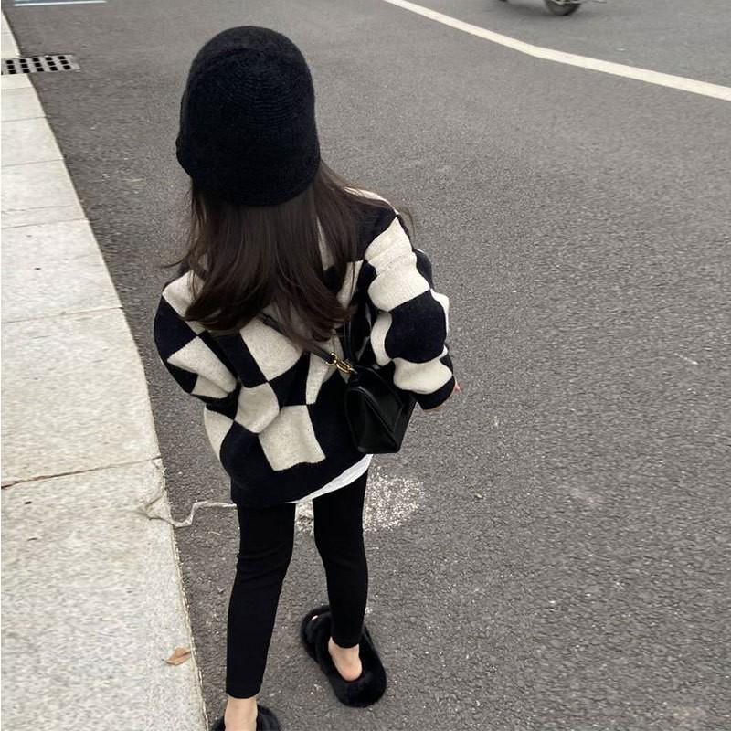 2024 Весна/Осень Для Девочек Корейский Шахматный Вязаный Свитер - Повседневный Универсальный Топ