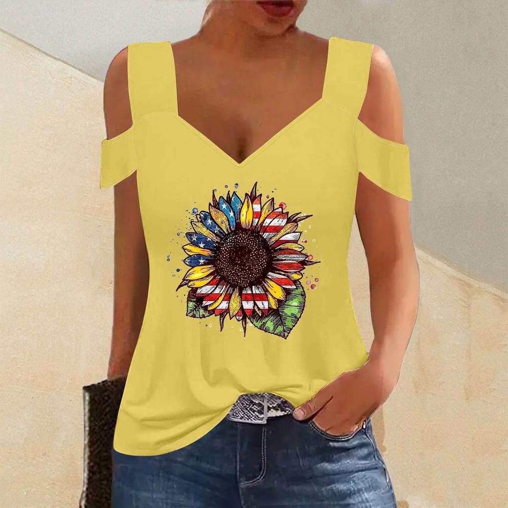 Summer Top Women's Top Short Sleeved Cold Shoulder V-neck Loose Basic T-shirt Casual Top Shirt Shirt