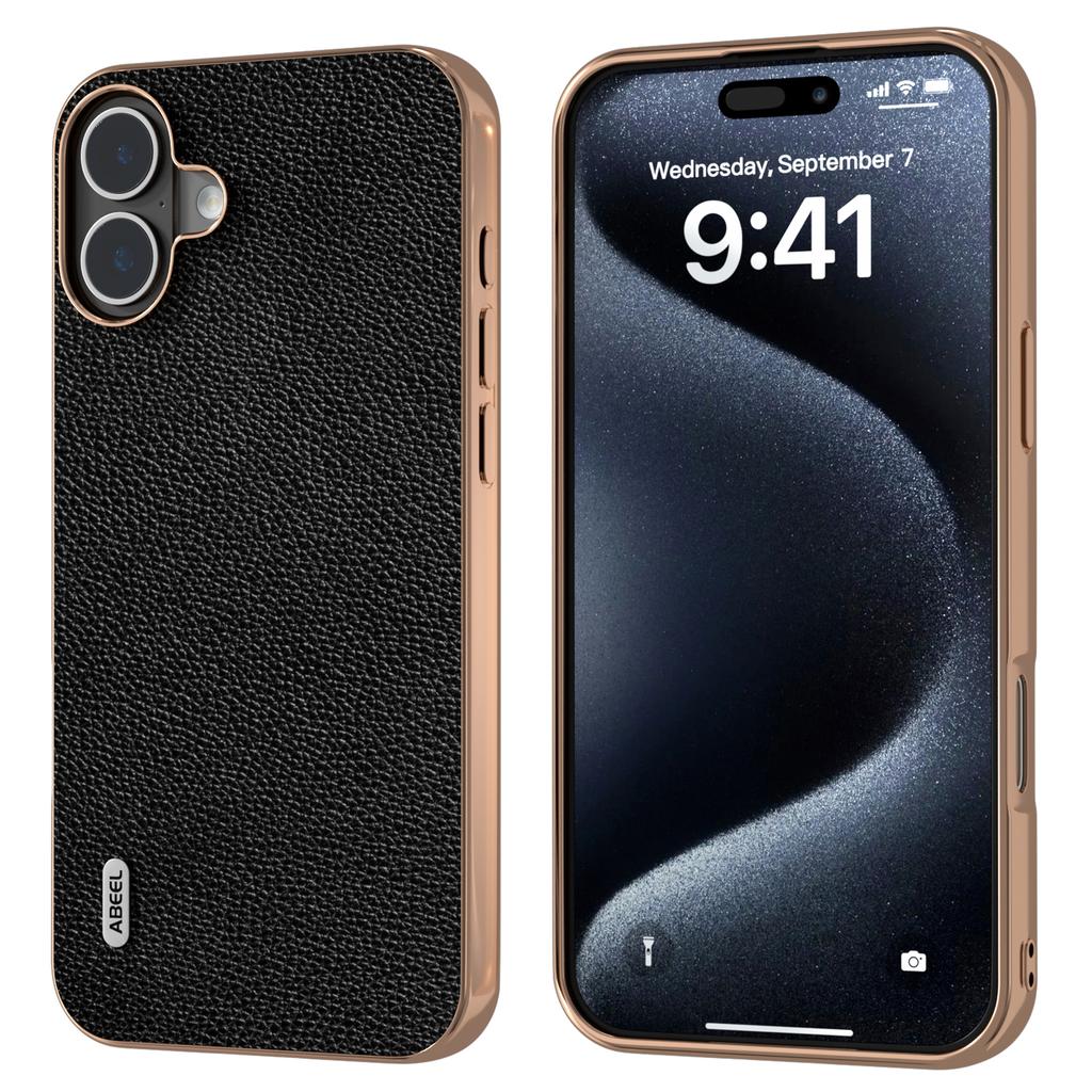 ABEEL For iPhone 16 Plus Case Genuine Cow Leather+PC+TPU Electroplating Phone Cover