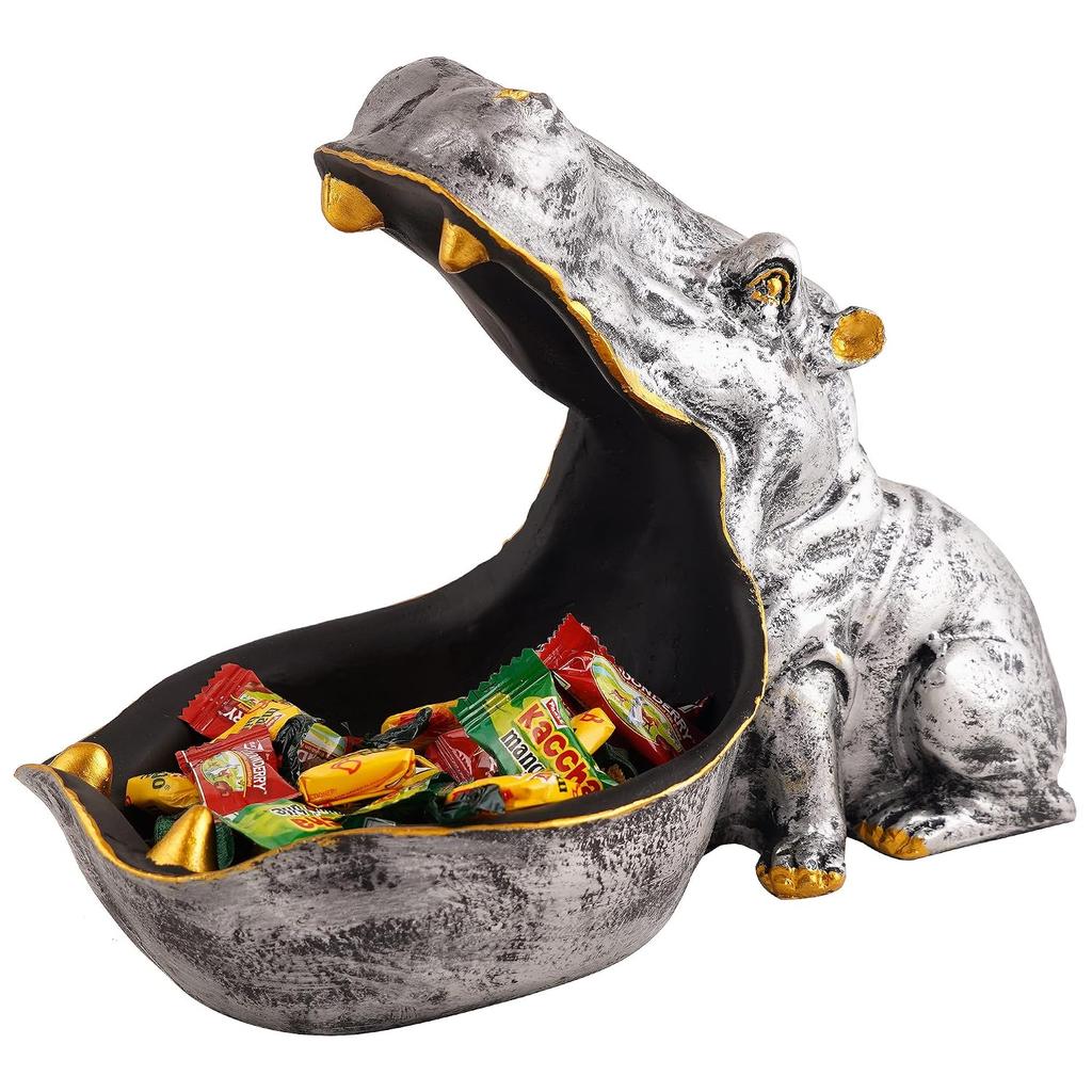 Angry Big Mouth Hippopotamus Showpiece For Home Décor, Hippo Silver - 1 Piece