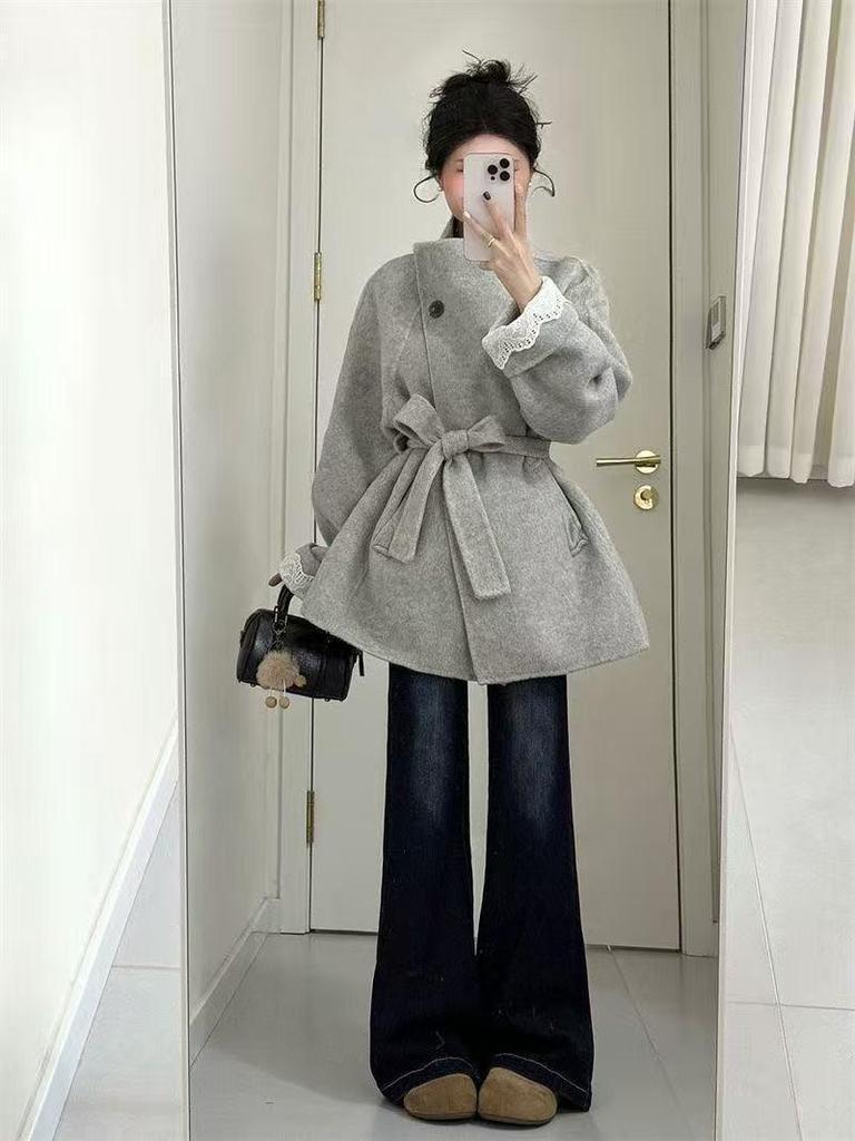 Зима 2025 Маленький Глубокий Серый Шерстяной Пальто - Женская Утолщенная, Стильная Верхняя Одежда