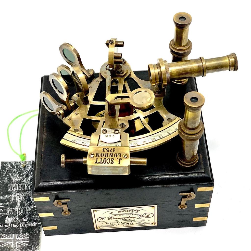 Antique Maritime Nautical Sextant Vintage Marine Astrolabe Ship's Instruments with Wooden Box Brass Ship Sextant with Hardwood Engraved Box