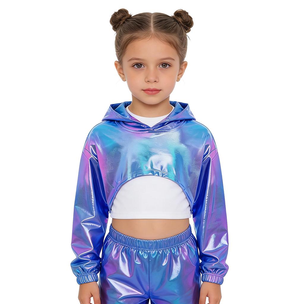 Худи для девочек в уличном стиле для танцев: Блестящий металлический укороченный топ с асимметричным подолом и длинными рукавами для соревнований