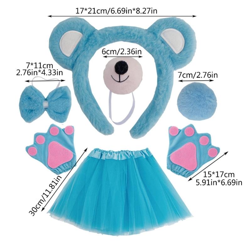 Bear Costume Set Ears Tail Bowtie Nose Tutu Glove Animal Fancy Costume Kit Accessories for Kids Halloween Cosplays Props