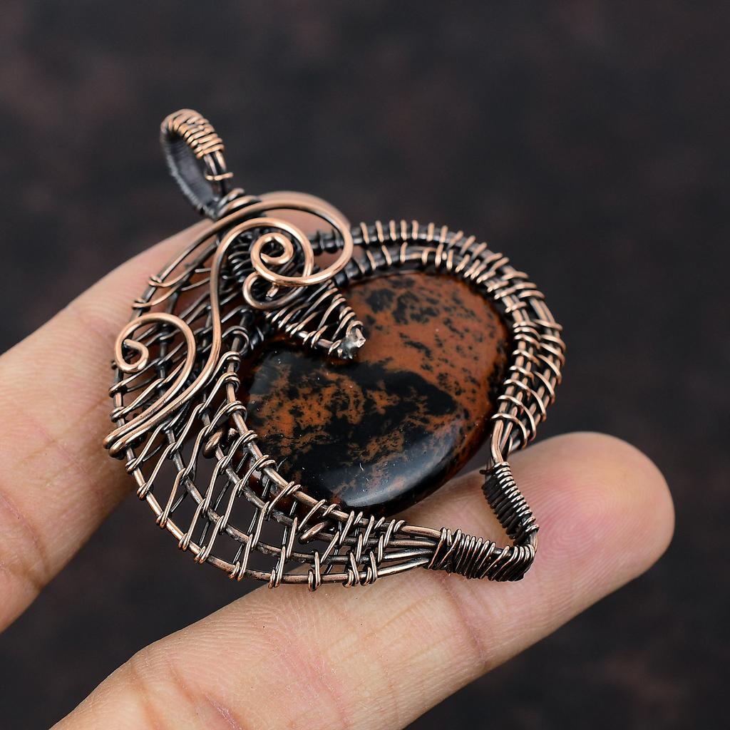 Кулон из красного дерева обсидиана, обернутый медной проволокой, украшения из драгоценных камней, очень красивый медный кулон, кулон ручной работы, обернутый проволокой, уникальный кулон для подарка