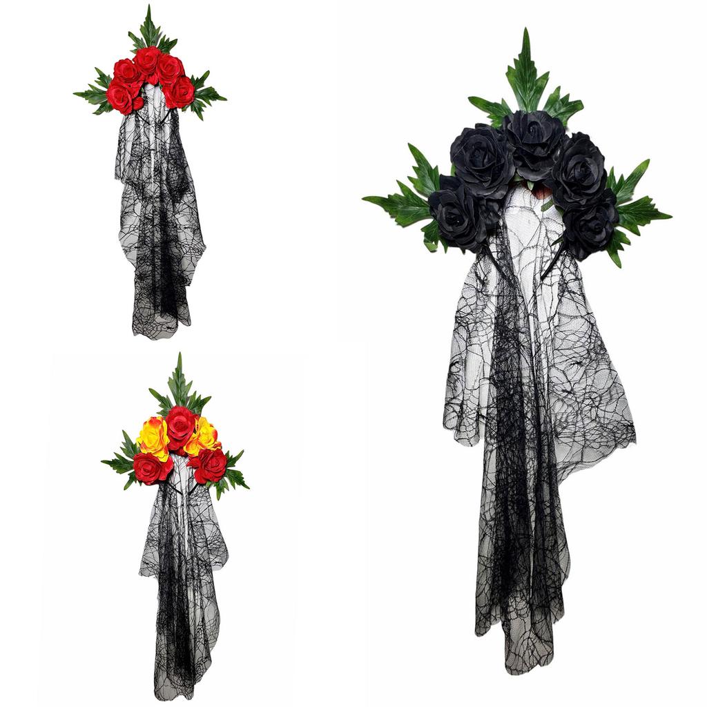Хэллоуин Готический кружевной платок-повязка на голову с красными розами Косплей Повязка для волос для женщин Детские аксессуары для костюмной вечеринки