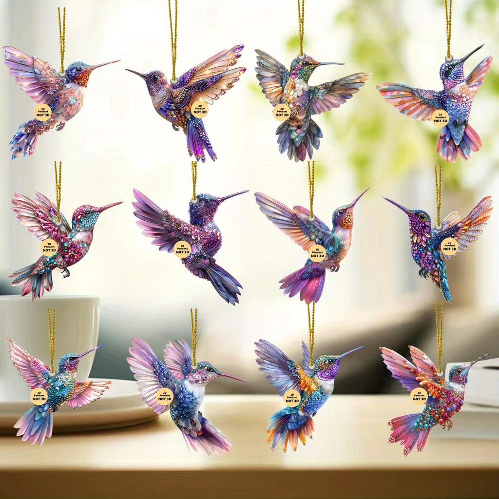 12 Pieces/set, Bright, Wooden, Hummingbird Pendant, 2D Flat, Fashionable Bird Decoration, Multiple Colors, Office Decoration