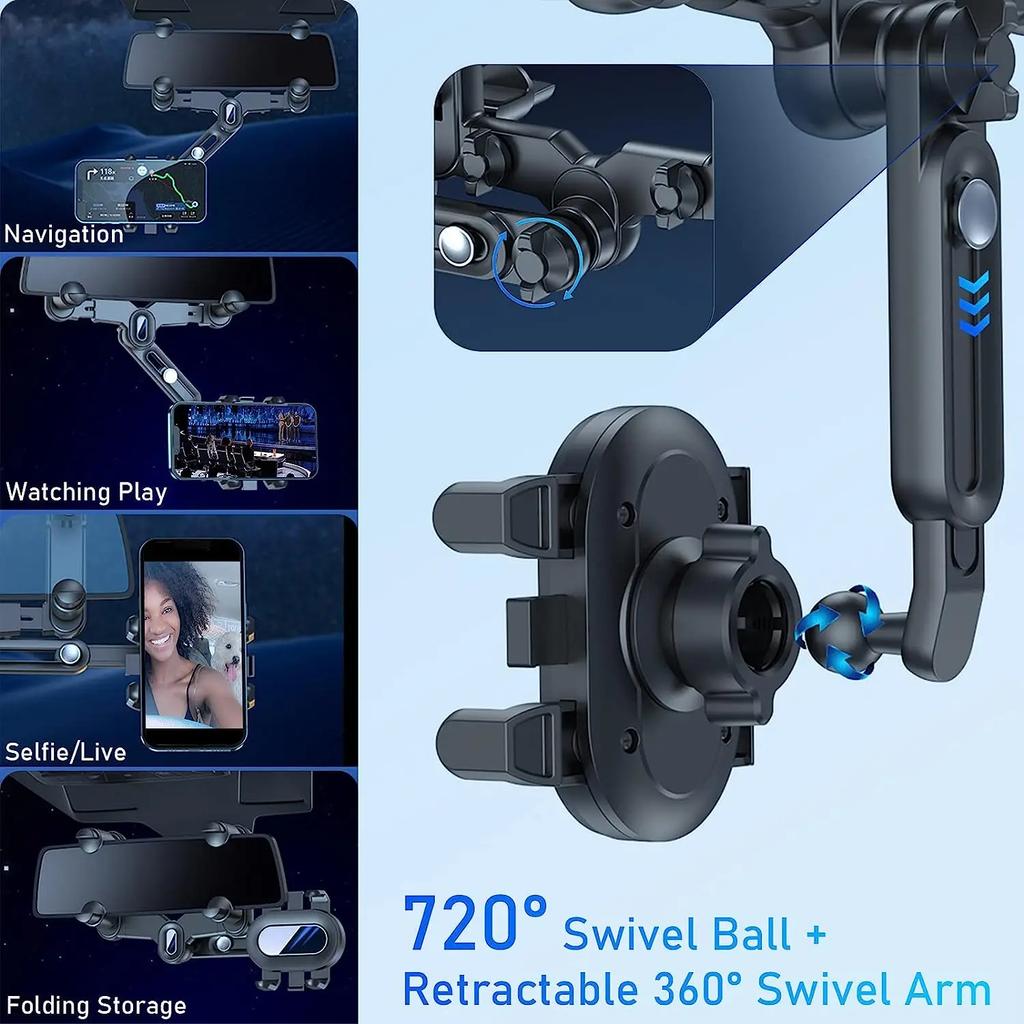 Вращающийся на 360° держатель для телефона на зеркало заднего вида автомобиля - Идеально подходит для детей и взрослых - Совместим с телефонами и GPS-устройствами - Прочный