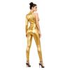 Women Metallic Shiny Jumpsuit Sheer Mesh Patchwork Single Long Sleeve Asymmetrical Catsuit Unitard Clubwear for Rave Party Night Out