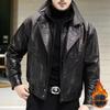 Мужская кожаная куртка приталенного кроя с подкладкой из бархата - Осенне-зимний стиль, мотоциклетный, с воротником-стойкой, корейский тренд, повседневная одежда.