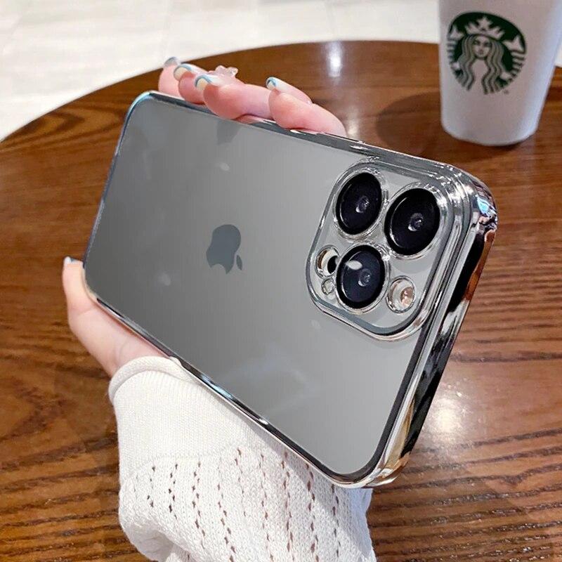 Original Square Plating Border Clear Phone Case For IPhone 11 12 13 14 15 Pro Max Plus Mini XS XR X Lens Film Protective Cover