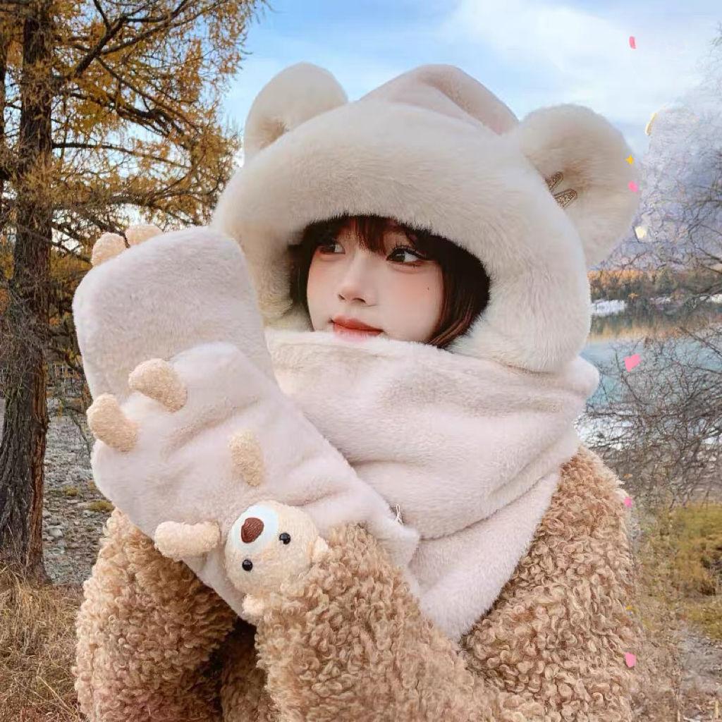 Шапка-медведь Зима Осень Зима Милые перчатки Шарф Плюшевый теплый комплект из трех предметов Нагрудник с капюшоном Защита ушей