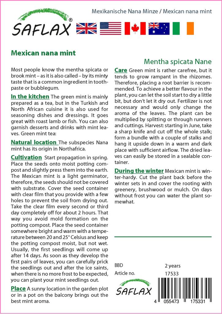 SAFLAX Garden in the Bag - Мексиканская мята нана - 500 семян - С субстратом в подходящем пакете - Mentha spicata