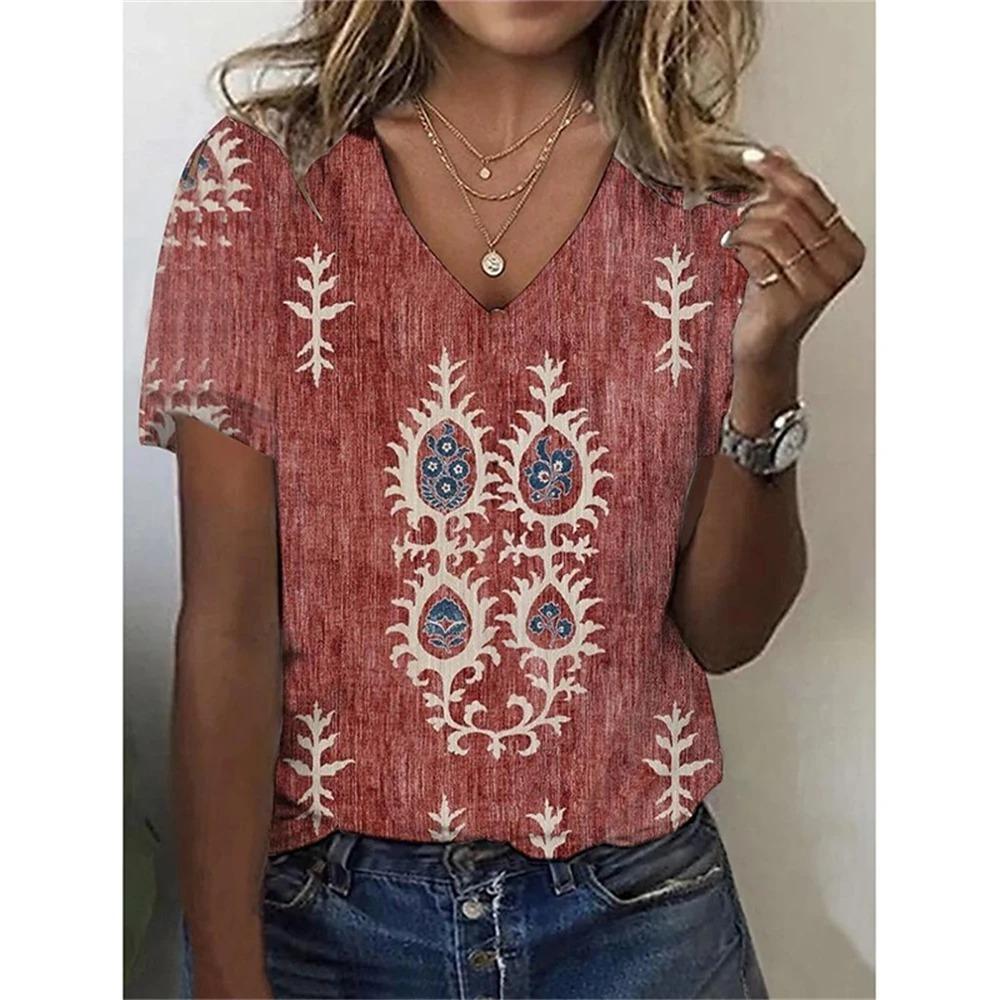 Retro Ethnic Style 3D Digital Printed Women's Casual and Comfortable V-neck Short Sleeved T-shirt