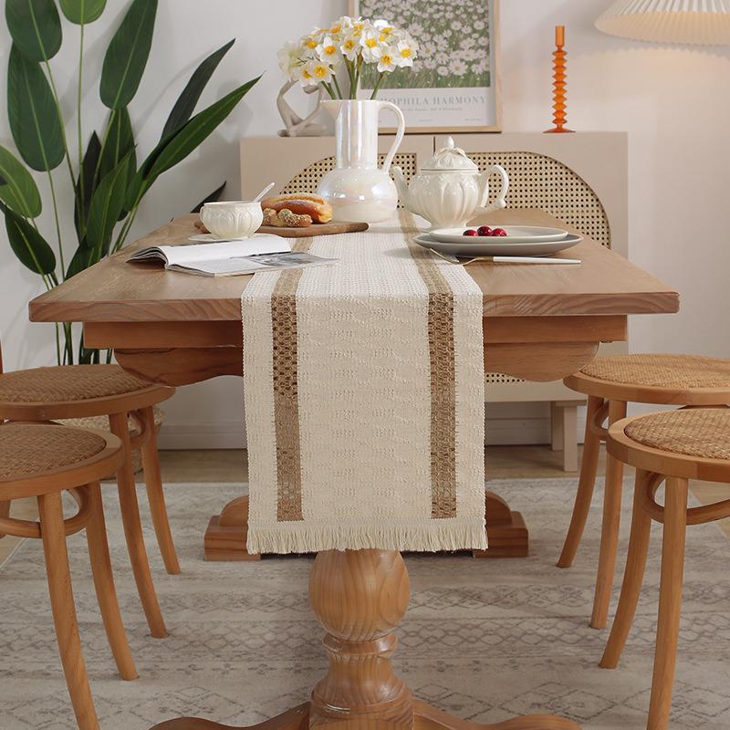 Vintage Cotton Linen Table Runner with Tassel Fringe – Light Luxury for Coffee Tables, Dining Tables, TV Stands, Chests, Shoe Cabinets, or Sideboards.