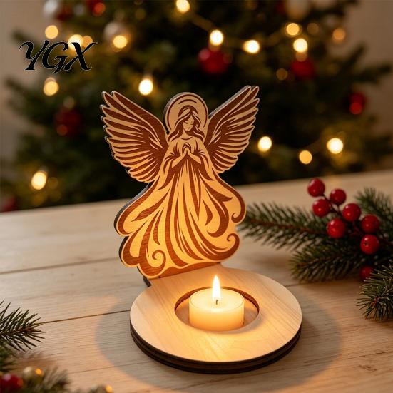 Christmas Atmosphere Supplies Wooden Candle Holder, Praying Angel Tabletop Tealight Stand, Religious Desktop Decorative Crafts Candlestick for Mantel,