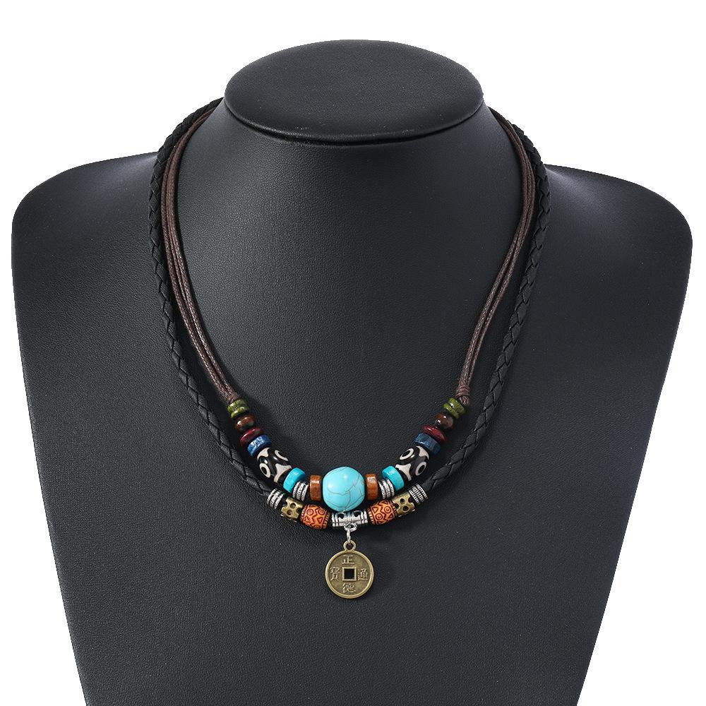 Butterfly-shaped Wooden Beaded Double-layer Necklace, Women's Retro-style Woven Rope Collarbone Chain
