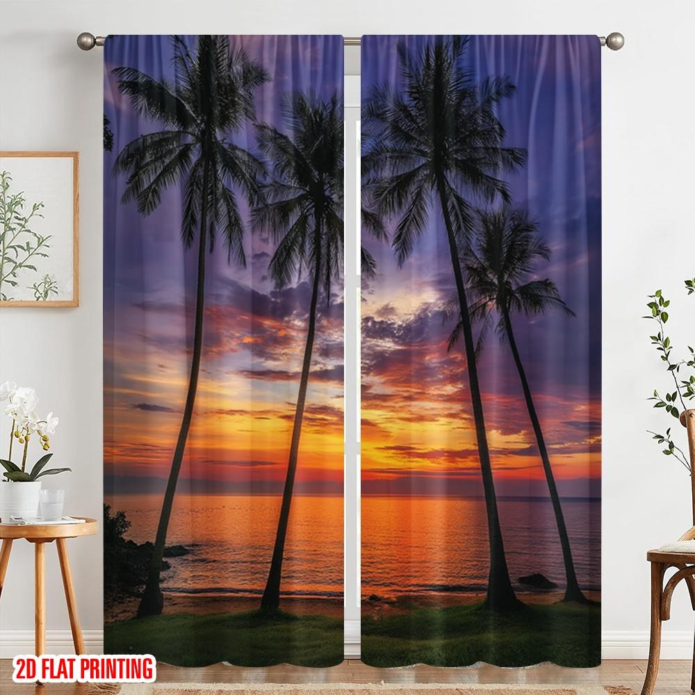 2pcs 2D flat printing Party Curtains Palm Trees Sunset Beach Polyester Fabric Without Electricity Seasonal Party & Holiday Decor