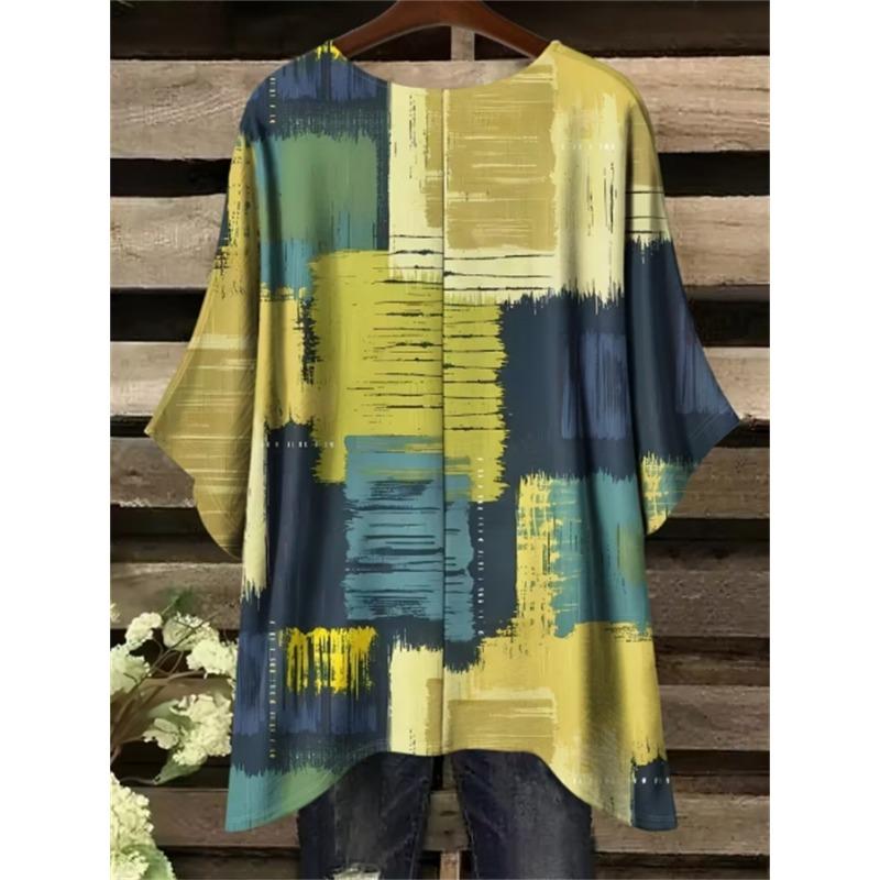 Large size women's directional style elegant bohemian resort style large size simple retro graphic print irregular hem round neck T-shirt